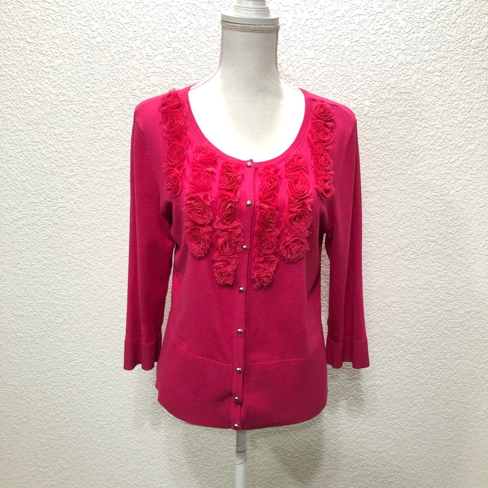 White House Black Market M Pink Rose Appliqué Cardigan 3/4 Sleeve